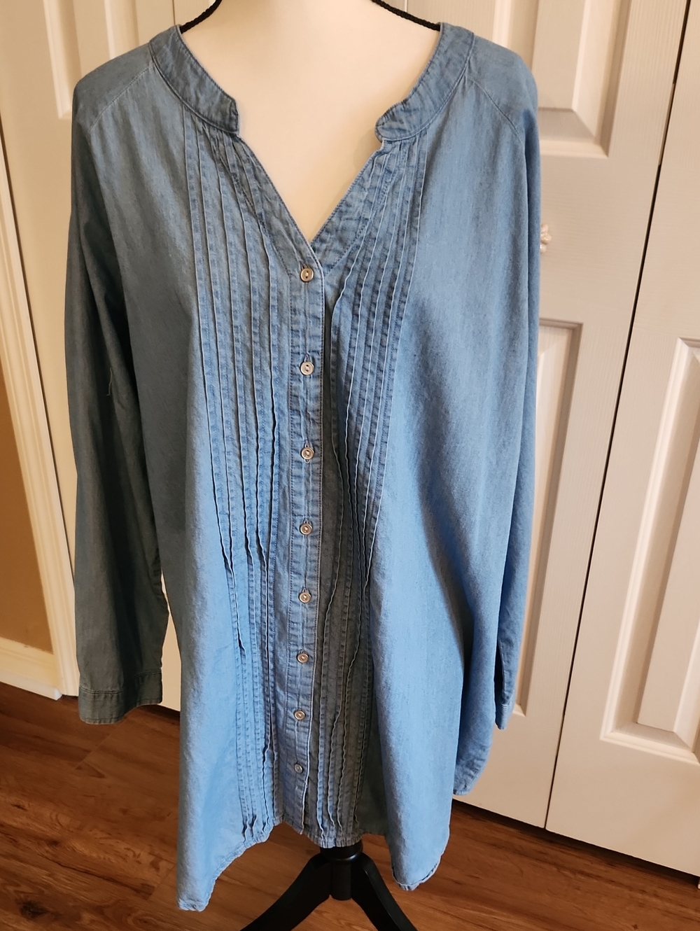 Woman Within Light Blue Button-Front Pintuck Tunic